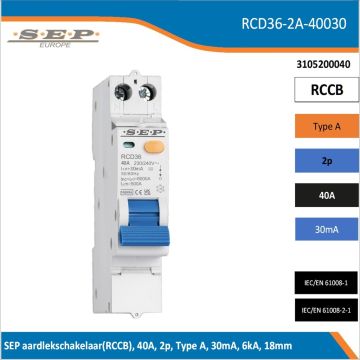SEP RCD36-2A-40030 aardlekschakelaar – compacte 2-polige RCCB 40A / 30mA in behuizing, zij- en vooraanzicht