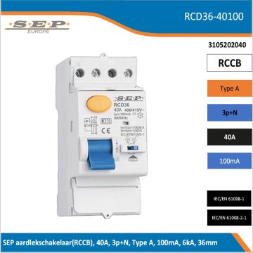 SEP RCD36-40100 aardlekschakelaar – compacte 4-polige RCCB 40A / 100mA in behuizing, zij- en vooraanzicht