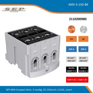 SEP AKN-3-150-BK compacte aansluitklem 3-voudig, geschikt voor koper en aluminium 35-150 mm², zwart – 1000 V AC / 1500 V DC, artikel 2110200980