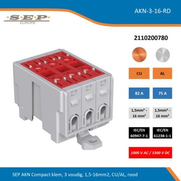 SEP AKN Compact klem, 3 voudig, 1,5-16mm2, CU/AL, rood