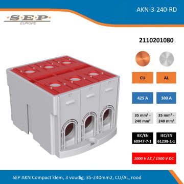 SEP AKN-3-240-RD compacte aansluitklem 3-voudig, geschikt voor koper en aluminium 35-240 mm², rood – 1000 V AC / 1500 V DC, artikel 2110201080