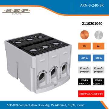 SEP AKN-3-240-BK compacte aansluitklem 3-voudig, geschikt voor koper en aluminium 35-240 mm², zwart – 1000 V AC / 1500 V DC, artikel 2110201040