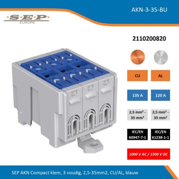 SEP AKN Compact klem, 3 voudig, 2,5-35mm2, CU/AL, blauw