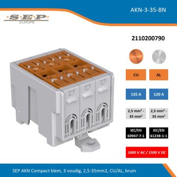 SEP AKN Compact klem, 3 voudig, 2,5-35mm2, CU/AL, bruin