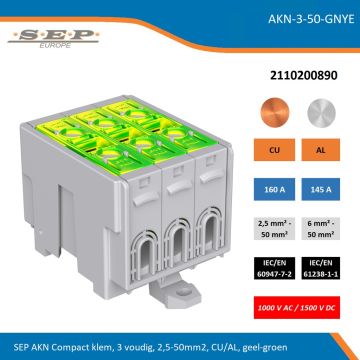SEP AKN Compact klem, 3 voudig, 2,5-50mm2, CU/AL, geel-groen
