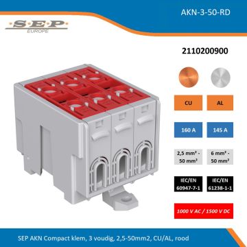 SEP AKN-3-50-RD compacte aansluitklem 3-voudig, geschikt voor koper en aluminium 2,5-50 mm², rood – 1000 V AC / 1500 V DC, artikel 2110200900