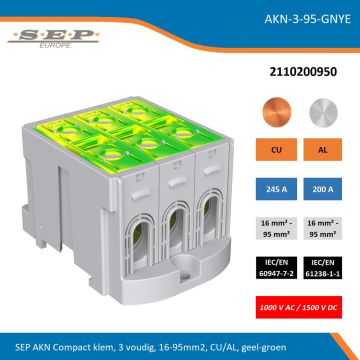 SEP AKN Compact klem, 3 voudig, 16-95mm2, CU/AL, geel-groen