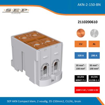 SEP AKN-2-150-BN compacte aansluitklem 2-voudig, geschikt voor koper en aluminium 35-150 mm², bruin – 1000 V AC / 1500 V DC, artikel 2110200610