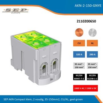 SEP AKN-2-150-GNYE compacte aansluitklem 2-voudig, geschikt voor koper en aluminium 35-150 mm², geel-groen – 1000 V AC / 1500 V DC, artikel 2110200650