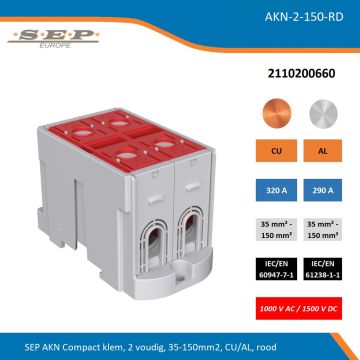 SEP AKN-2-150-RD compacte aansluitklem 2-voudig, geschikt voor koper en aluminium 35-150 mm², rood – 1000 V AC / 1500 V DC, artikel 2110200660