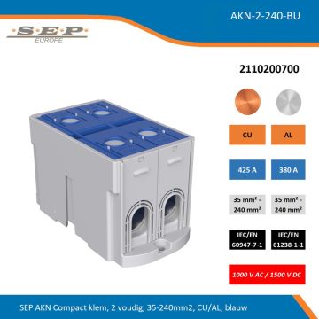 SEP AKN-2-240-BU compacte aansluitklem 2-voudig, geschikt voor koper en aluminium 35-240 mm², blauw – 1000 V AC / 1500 V DC, artikel 2110200700