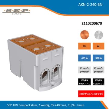 SEP AKN-2-240-BN compacte aansluitklem 2-voudig, geschikt voor koper en aluminium 35-240 mm², bruin – 1000 V AC / 1500 V DC, artikel 2110200670