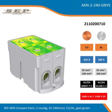 SEP AKN-2-240-GNYE compacte aansluitklem 2-voudig, geschikt voor koper en aluminium 35-240 mm², geel-groen – 1000 V AC / 1500 V DC, artikel 2110200710