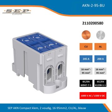 SEP AKN-2-95-BU compacte aansluitklem 2-voudig, geschikt voor koper en aluminium 16-95 mm², blauw – 1000 V AC / 1500 V DC, artikel 2110200580