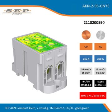 SEP AKN-2-95-GNYE compacte aansluitklem 2-voudig, geschikt voor koper en aluminium 16-95 mm², geel-groen – 1000 V AC / 1500 V DC, artikel 2110200590
