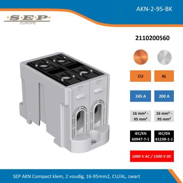 SEP AKN-2-95-BK compacte aansluitklem 2-voudig, geschikt voor koper en aluminium 16-95 mm², zwart – 1000 V AC / 1500 V DC, artikel 2110200560