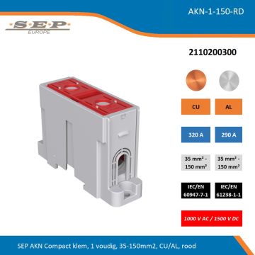 SEP AKN-1-150-RD compacte aansluitklem 1-voudig, geschikt voor koper en aluminium 35-150 mm², rood – 1000 V AC / 1500 V DC, artikel 2110200300