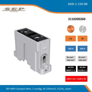 SEP AKN-1-150-BK compacte aansluitklem 1-voudig, geschikt voor koper en aluminium 35-150 mm², zwart – 1000 V AC / 1500 V DC, artikel 2110200260
