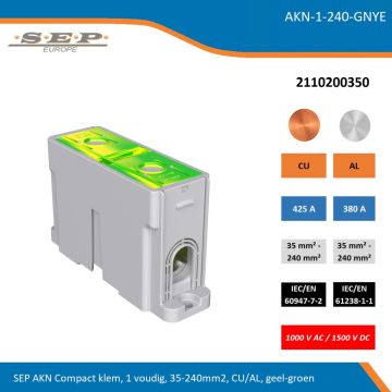 SEP AKN-1-240-GNYE compacte aansluitklem 1-voudig, geschikt voor koper en aluminium 35-240 mm², geel-groen – 1000 V AC / 1500 V DC, artikel 2110200350