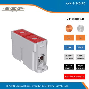 SEP AKN-1-240-RD compacte aansluitklem 1-voudig, geschikt voor koper en aluminium 35-240 mm², rood – 1000 V AC / 1500 V DC, artikel 2110200360