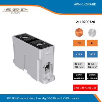 SEP AKN-1-240-BK compacte aansluitklem 1-voudig, geschikt voor koper en aluminium 35-240 mm², zwart – 1000 V AC / 1500 V DC, artikel 2110200320