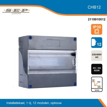 SEP CHB12 groepenkast – Lege kast met montagerail – 1 rijen 12 modulen