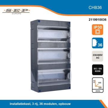 SEP CHB36 groepenkast – Lege kast met montagerail – 3 rijen 36 modulen