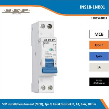 SEP INS18-1NB01 installatieautomaat – MCB 1P+N, B-karakteristiek, 1 A, 6 kA, 18 mm breed, front-view rechts