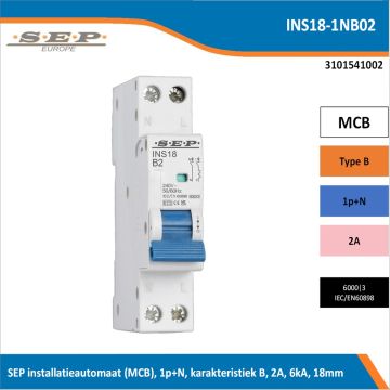SEP INS18-1NB02 installatieautomaat – MCB 1P+N, B-karakteristiek, 2 A, 6 kA, 18 mm breed, front-view rechts