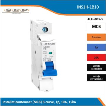 SEP Europe INS1H-1B10 installatieautomaat, MCB B-curve, 1p, 10A, kortsluitvastheid 15kA/25kA
