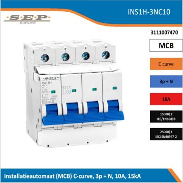 SEP Europe INS1H-3NC10 installatieautomaat, MCB C-curve, 3p+N, 10A, kortsluitvastheid 15kA/25kA
