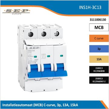 SEP Europe INS1H-3C13 installatieautomaat, MCB C-curve, 3p, 13A, kortsluitvastheid 15kA/25kA