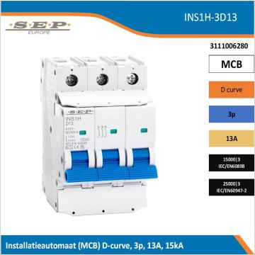 SEP Europe INS1H-3D13 installatieautomaat, MCB D-curve, 3p, 13A, kortsluitvastheid 15kA/25kA