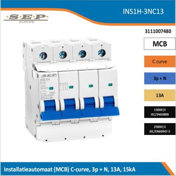 SEP Europe INS1H-3NC13 installatieautomaat, MCB C-curve, 3p+N, 13A, kortsluitvastheid 15kA/25kA