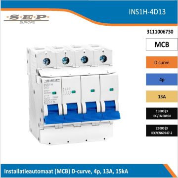 SEP Europe INS1H-4D13 installatieautomaat, MCB D-curve, 4p, 13A, kortsluitvastheid 15kA/25kA