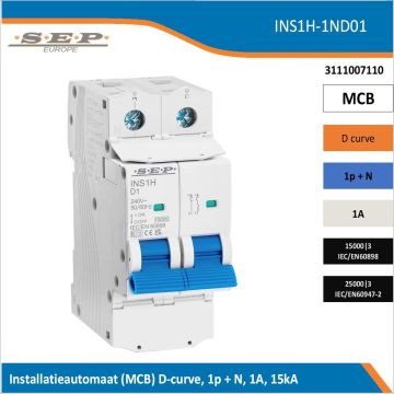 SEP Europe INS1H-1ND01 installatieautomaat, MCB D-curve, 1p+N, 1A, kortsluitvastheid 15kA/25kA