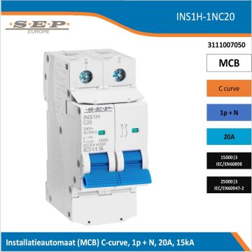 SEP Europe INS1H-1NC20 installatieautomaat, MCB C-curve, 1p+N, 20A, kortsluitvastheid 15kA/25kA