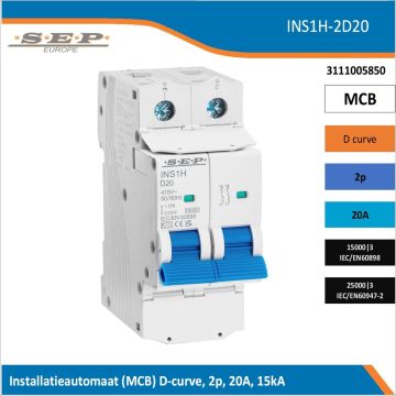 SEP Europe INS1H-2D20 installatieautomaat, MCB D-curve, 2p, 20A, kortsluitvastheid 15kA/25kA