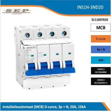 SEP Europe INS1H-3ND20 installatieautomaat, MCB D-curve, 3p+N, 20A, kortsluitvastheid 15kA/25kA
