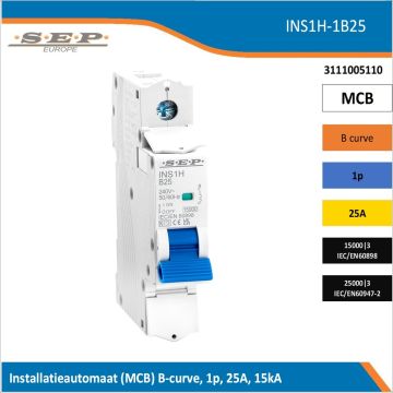 SEP Europe INS1H-1B25 installatieautomaat, MCB B-curve, 1p, 25A, kortsluitvastheid 15kA/25kA