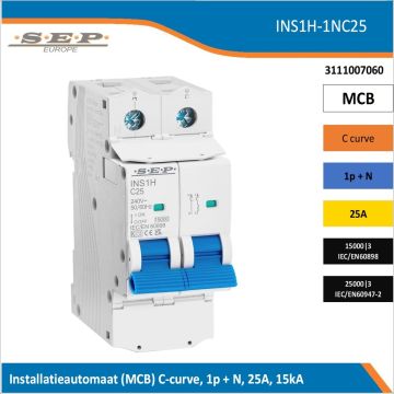 SEP Europe INS1H-1NC25 installatieautomaat, MCB C-curve, 1p+N, 25A, kortsluitvastheid 15kA/25kA
