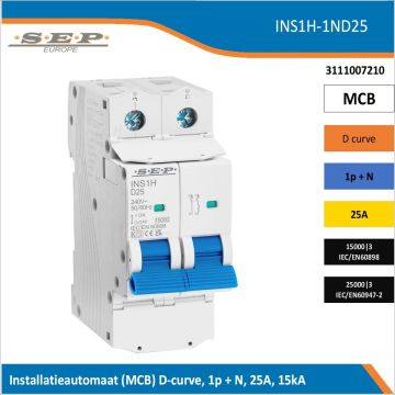 SEP Europe INS1H-1ND25 installatieautomaat, MCB D-curve, 1p+N, 25A, kortsluitvastheid 15kA/25kA