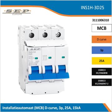 SEP Europe INS1H-3D25 installatieautomaat, MCB D-curve, 3p, 25A, kortsluitvastheid 15kA/25kA