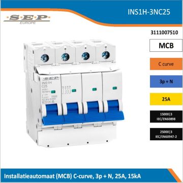 SEP Europe INS1H-3NC25 installatieautomaat, MCB C-curve, 3p+N, 25A, kortsluitvastheid 15kA/25kA