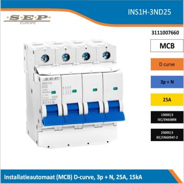 SEP Europe INS1H-3ND25 installatieautomaat, MCB D-curve, 3p+N, 25A, kortsluitvastheid 15kA/25kA