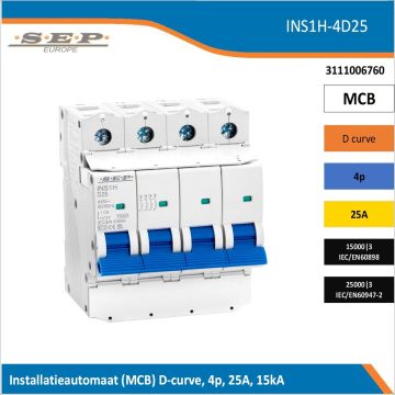 SEP Europe INS1H-4D25 installatieautomaat, MCB D-curve, 4p, 25A, kortsluitvastheid 15kA/25kA