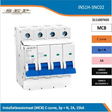 SEP Europe INS1H-3NC02 installatieautomaat, MCB C-curve, 3p+N, 2A, kortsluitvastheid 15kA/25kA SEP Europe INS1H-3NC02 installatieautomaat, MCB C-curve, 3p+N, 2A, kortsluitvastheid 15kA/25kA