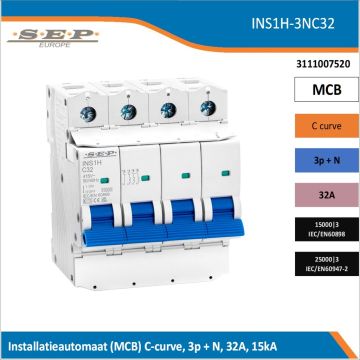 SEP Europe INS1H-3NC32 installatieautomaat, MCB C-curve, 3p+N, 32A, kortsluitvastheid 15kA/25kA