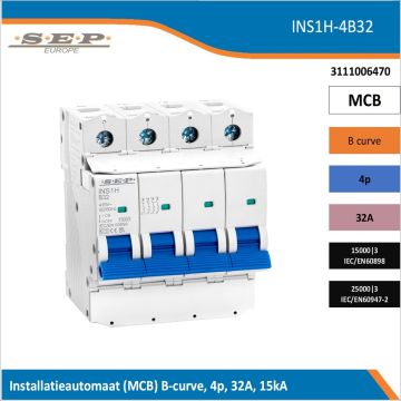 SEP Europe INS1H-4B32 installatieautomaat, MCB B-curve, 4p, 32A, kortsluitvastheid 15kA/25kA