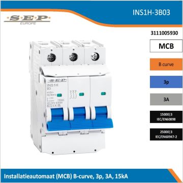 SEP Europe INS1H-3B03 installatieautomaat, MCB B-curve, 3p, 3A, kortsluitvastheid 15kA/25kA